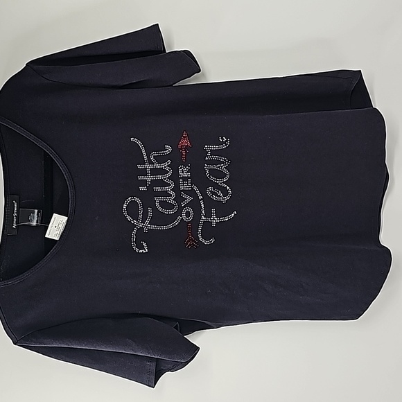 AS Faith Over Fear Black Short Sleeve T-Shirt Top w Red & Silver Crystal - Picture 7 of 11